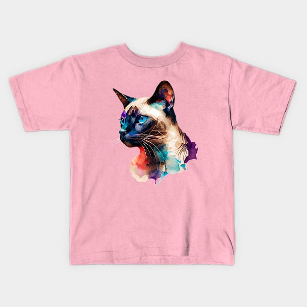 Siamese Cat Watercolor Funky Colors Kids T-Shirt by KOTOdesign